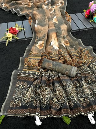 Shiv Textiles Women's Digital Print Linen Saree with Decorative Latkan in Earthy Brown Color Graphic Design Party Wear Ethnic Drape Includes Unstitched Blouse Piece Breathable Fabric Traditional Indian Fashion