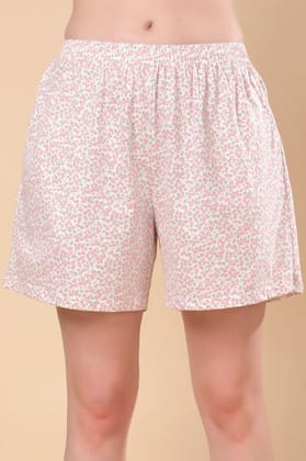 White & Pink Small Floral Printed Shorts-L / White
