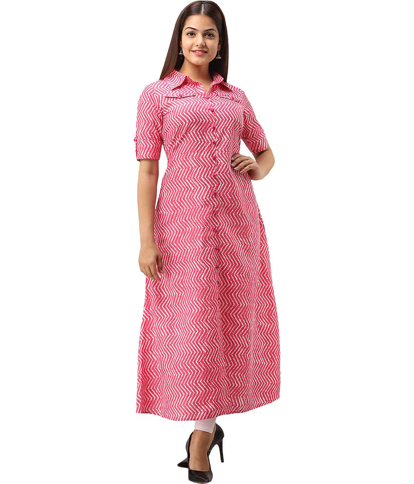 Jaipurethnicwaves - Pink Cotton Women's Front Slit Kurti ( Pack of 1 )