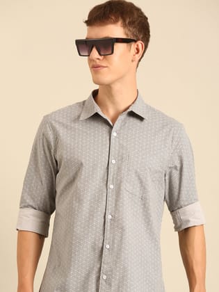 Grey Printed Full Sleeve Casual Shirt-M