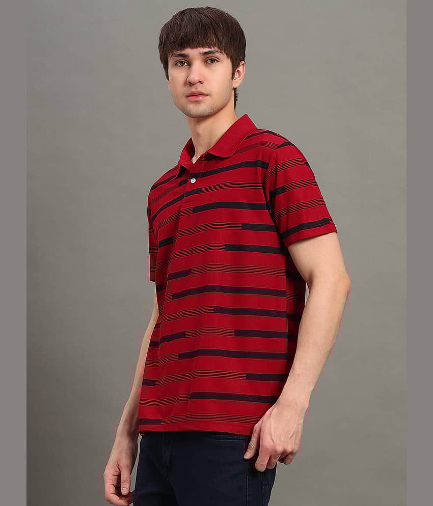 GET GOLF Men Cotton Blend Regular Fit Striped Polo T Shirt ( Maroon )