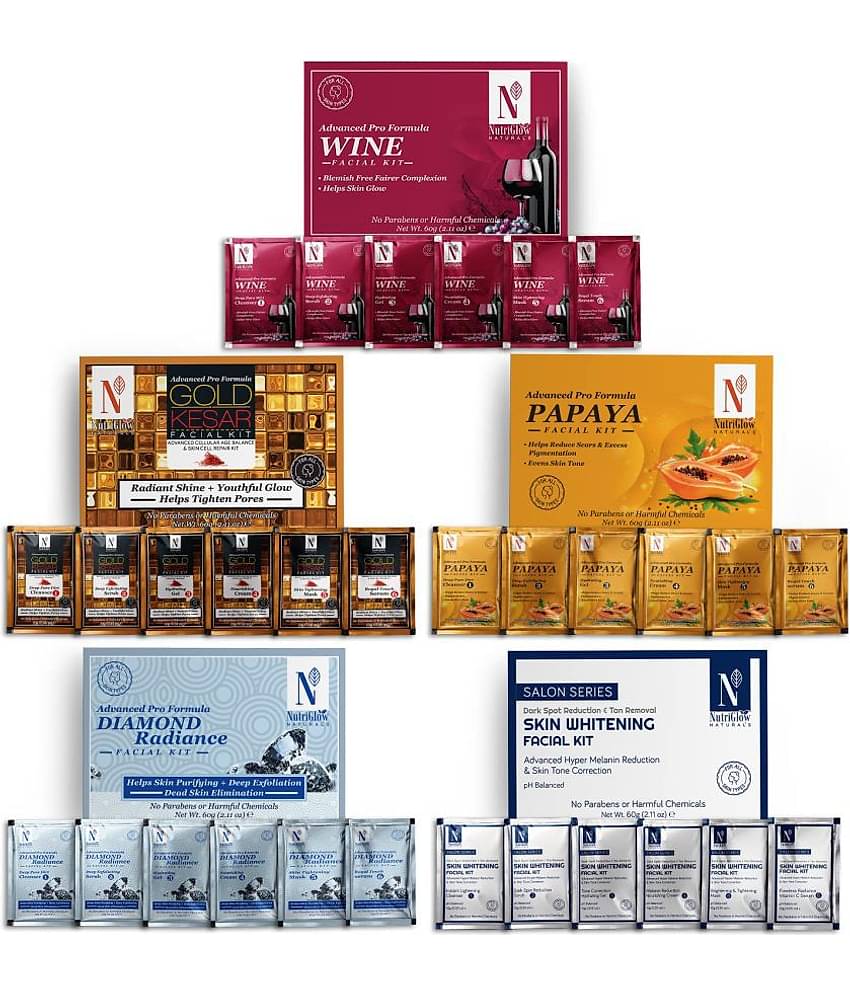 Nutriglow NATURAL'S Wine, Papaya, Gold Kesar, Skin Whitening, Diamond Radiance Facial kit Each 60gm (Pack of 5)
