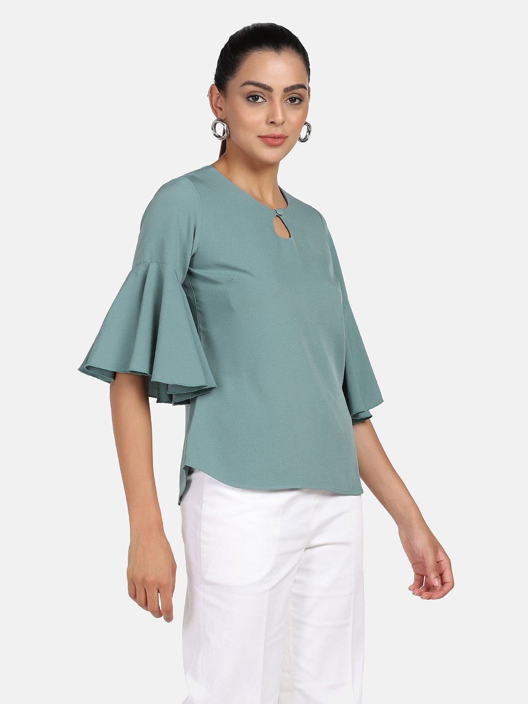 Bell Sleeves Poly Crepe Top - Sage Green-XS