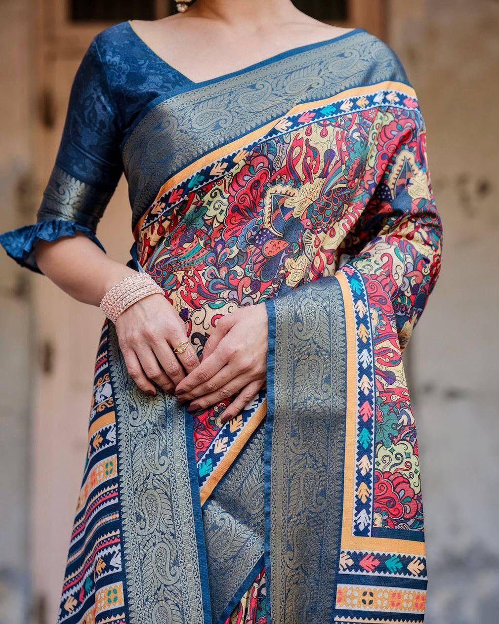 Multicolor Tussar Silk Saree with Vibrant Floral Weaves and Striped Pallu-Regular