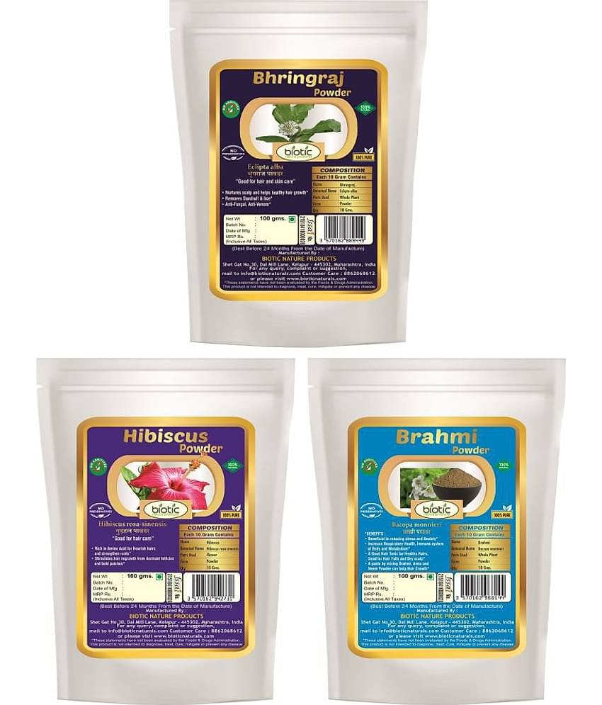 Biotic Bhringraj, Hibiscus and Brahmi Powder-300 gms (100 gms Each) Hair Mask 300 g Pack of 3