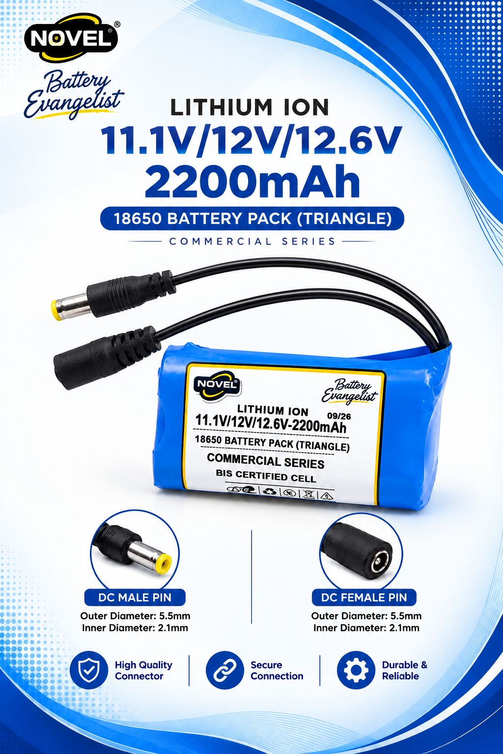 NOVEL 11.1V / 12V / 12.6V 18650 BMS LITHIUM ION TRIANGLE BATTERY PACK WITH DC FEMALE + MALE- 2200mAh