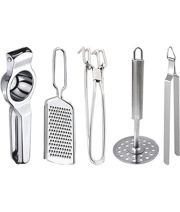 JISUN - Silver Stainless Steel Lemon-Grater-Pakkad-Masher-Chimta ( Set of 5 )