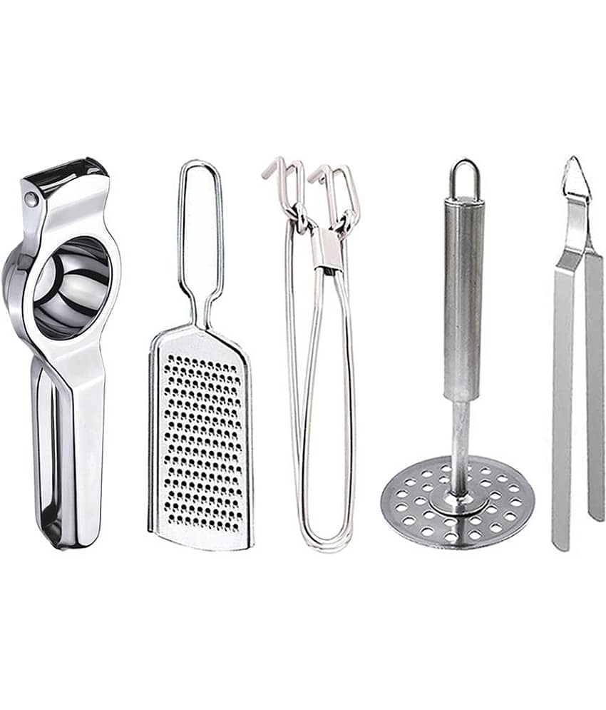 JISUN - Silver Stainless Steel Lemon-Grater-Pakkad-Masher-Chimta ( Set of 5 )