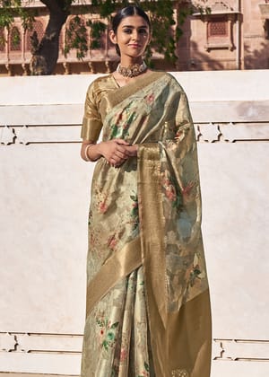 Olive Green Woven Banarasi Cotton Silk Saree With Digital Print