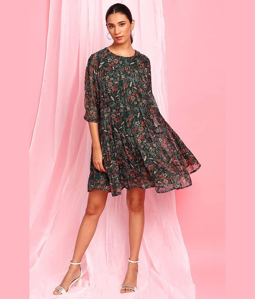 Janasya Women Georgette Fit & Flare Dress ( Green )