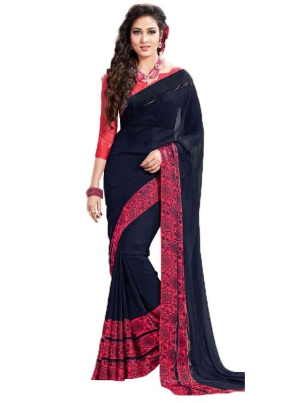 Generic Womens Georgette Digital Printed Saree (Navy Blue, 6.25  Mtr)