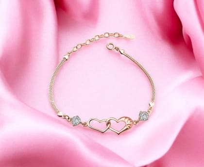 Double Heart Shape Cubic Zirconia Charm Bracelet, Love Bracelet for Women and Girls (Rose Gold)-Rose gold
