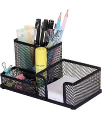 Jellify 3 Compartments Pen Holder for Desk Mesh Metal Pencil Holders Pen Cup Marker Holder Desk Caddy with Sticky Notes Holder Pen Organizer for Office Supplies Workspace School Home Black