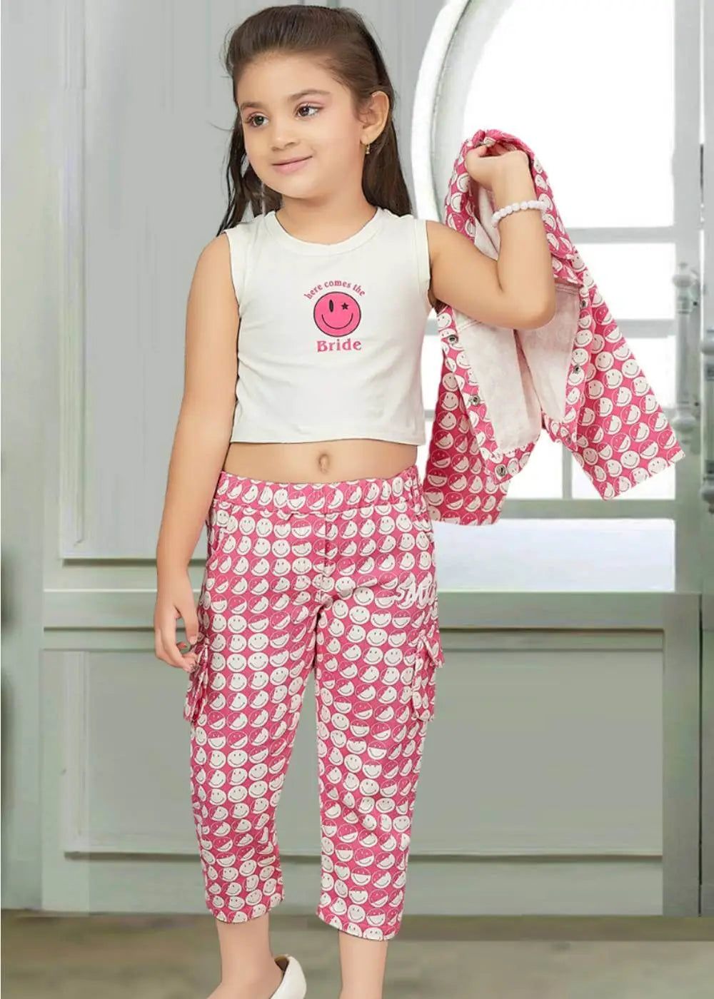 Girls Imported 3pcs Denim Co-Ord Set [GCS-1036] (6Months-4Years)-6M-9M (Size - 14) / Pink / Denim