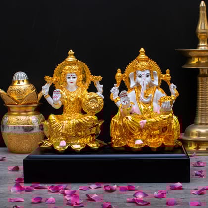 Craftlayout Resin Lakshmi Ganpati Statue with Golden Finish 9 Inch