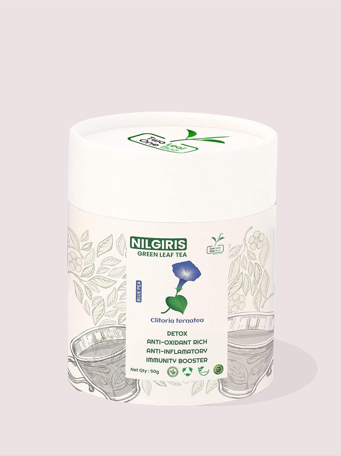 Two Leaf One Bud Nilgris Green Leaf Tea - Blue Pea 50 Gms