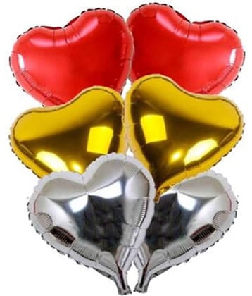 Kiran Enterprises 6 Pcs Heart Foil Balloon Set ( 2 Red, 2 Golden, 2Silver )