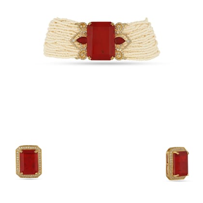 Hoor - Red Doublet & Pearl Choker Set-Silver