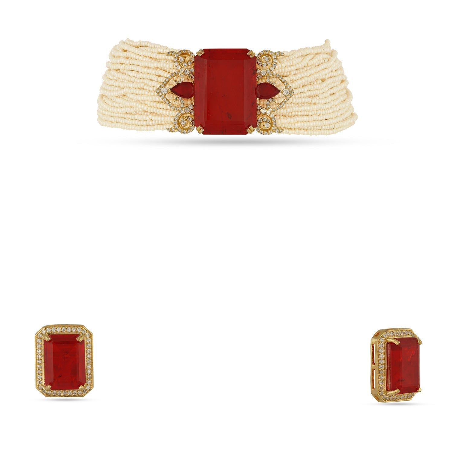 Hoor - Red Doublet & Pearl Choker Set-Silver