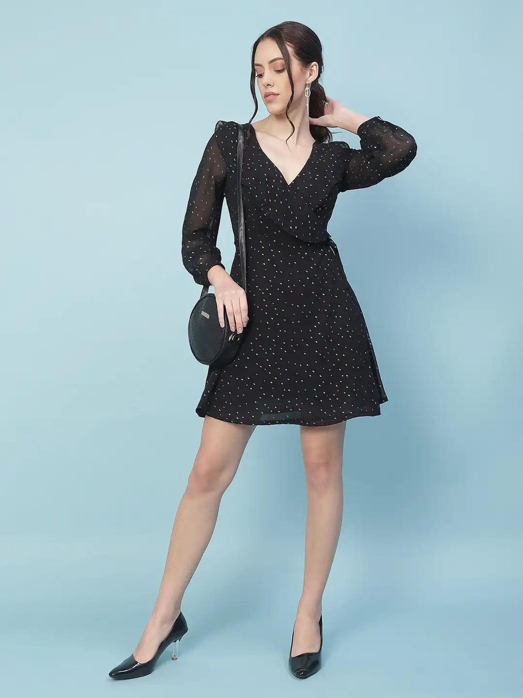 Thunder Black Multicolor Foil Print Party Wrap Women Dress-S