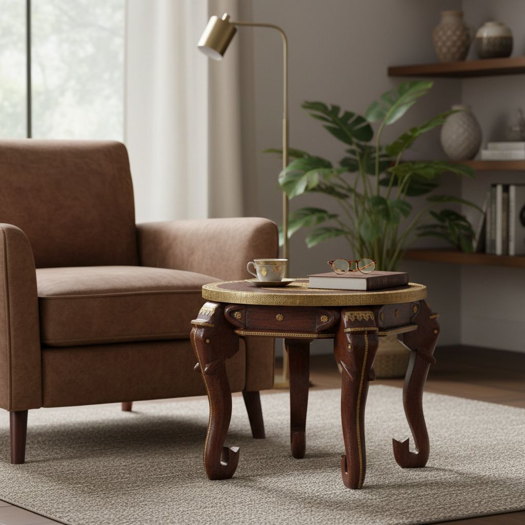 BAANMATA INTERNATIONAL Handicraft Drawing-Room Coffee Table,Brass-Embossed Wooden Lamp Table Cum Cocktail Table,Home Living Showpiece Elephant Table