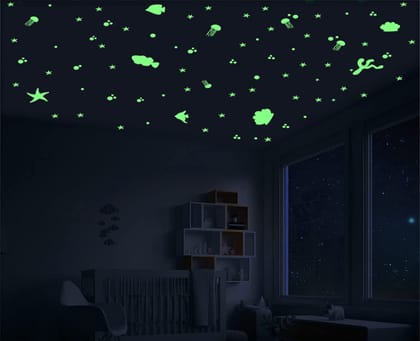 DreamKraft 60 Pieces Glow in The Dark Stickers Set - Decorative Fishes with Starfish and Jellyfishes for Ocean-Themed Room Decor