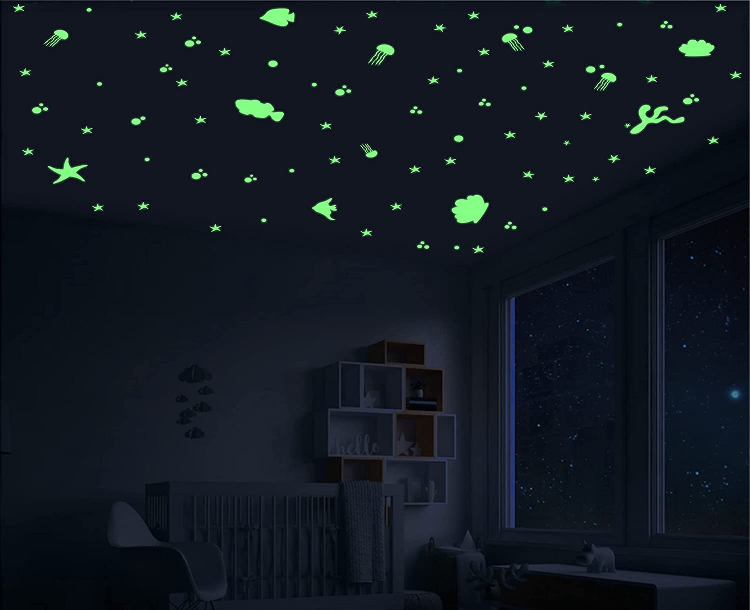 DreamKraft 60 Pieces Glow in The Dark Stickers Set - Decorative Fishes with Starfish and Jellyfishes for Ocean-Themed Room Decor