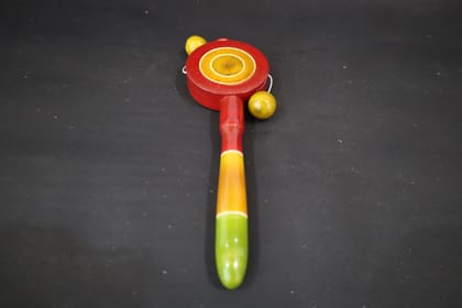 Wooden Baby Rattle, Red and Yellow Circular Design with Green Handle, Traditional Educational Musical Toy for Infants