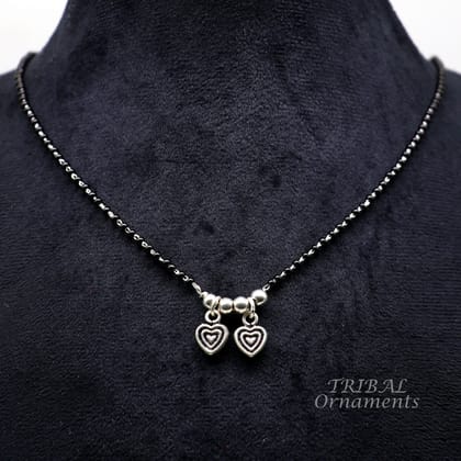 925 sterling silver black beads chain necklace, vintage south indian Style pendant, traditional style brides Mangalsutra necklace set505-18