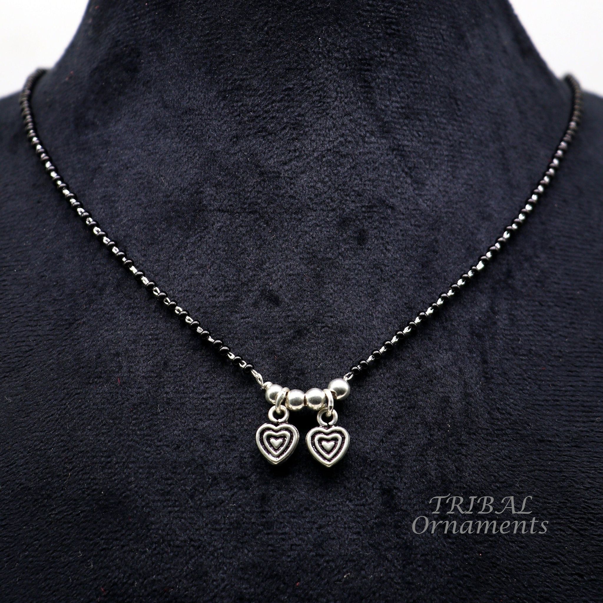 925 sterling silver black beads chain necklace, vintage south indian Style pendant, traditional style brides Mangalsutra necklace set505-18