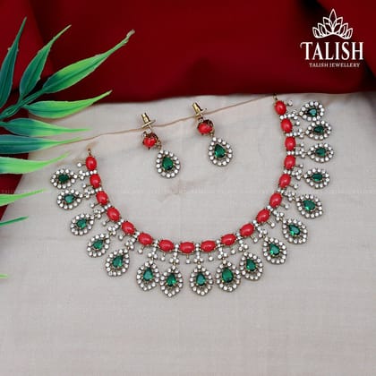 Elegant Red and Green Stone Necklace Set with Earrings - Talish Jewellery