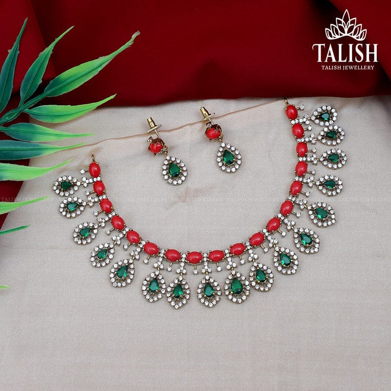 Elegant Red and Green Stone Necklace Set with Earrings - Talish Jewellery