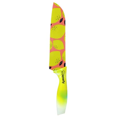 Jenefy Ultra Sharp Knife with prints of protective sheath Chef Knife Japanese Santoku Knife with Non stick coating Non Slip Ergonomic Handle & Blade Cover Food grade High carbon Stainless Steel Yellow