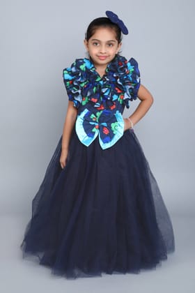Floral Ruffle and Bow Gown -Navy Blue-1-2Y / Navy Blue