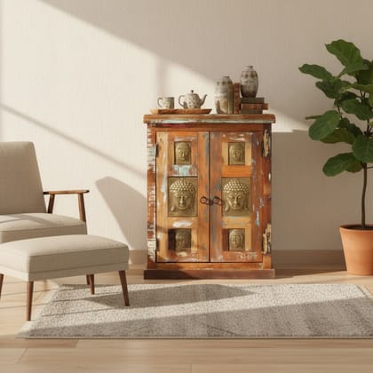 Wooden Cupboard Table Home Living Cabinet, Handicarft Storage Side-board, Distressed Table With Budhha Statue