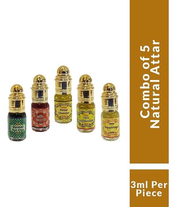 INDRA SUGANDH BHANDAR Attar Ruh Khus, Musk Heena, Kesar Chandan, Har Shringar, Nag Champa 3ml Rollon 5 Pc. Combo Pack