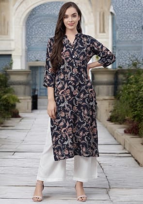 Blue Printed Rayon Straight Kurti-XS