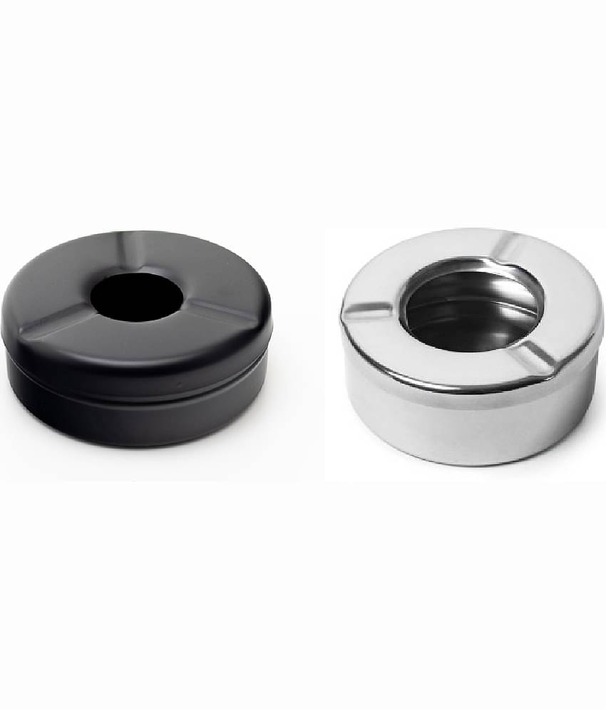 Dynore Stainless steel Black/Silver Round Lid Ash Tray- Set of 2