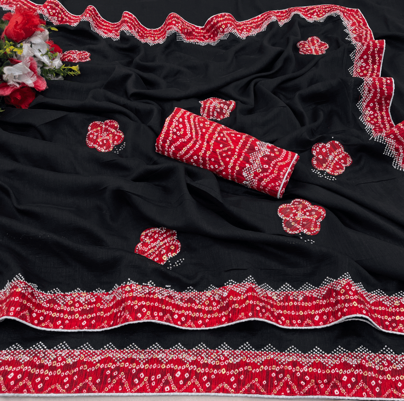 Womens New Latest Bollywood Fancy Party Wear Premium Vichitra Embelished Swaroski Work with Fancy Border Lace Saree With Blouse