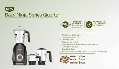 Bajaj Ninja Series QUARTZ 750-Watt Mixer Grinder (3-jar, Black)