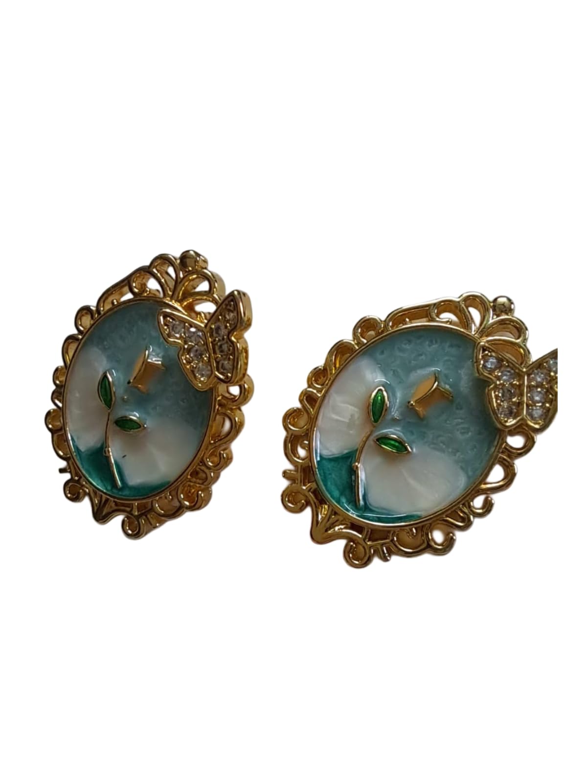 Anvaya Collections, Anti Tarnish, Vintage Style Oval Earring with Crystal Butterfly, Gold-Plated Frame, Turquoise and White Enamel Flower Design, Women's Fashion Jewelry