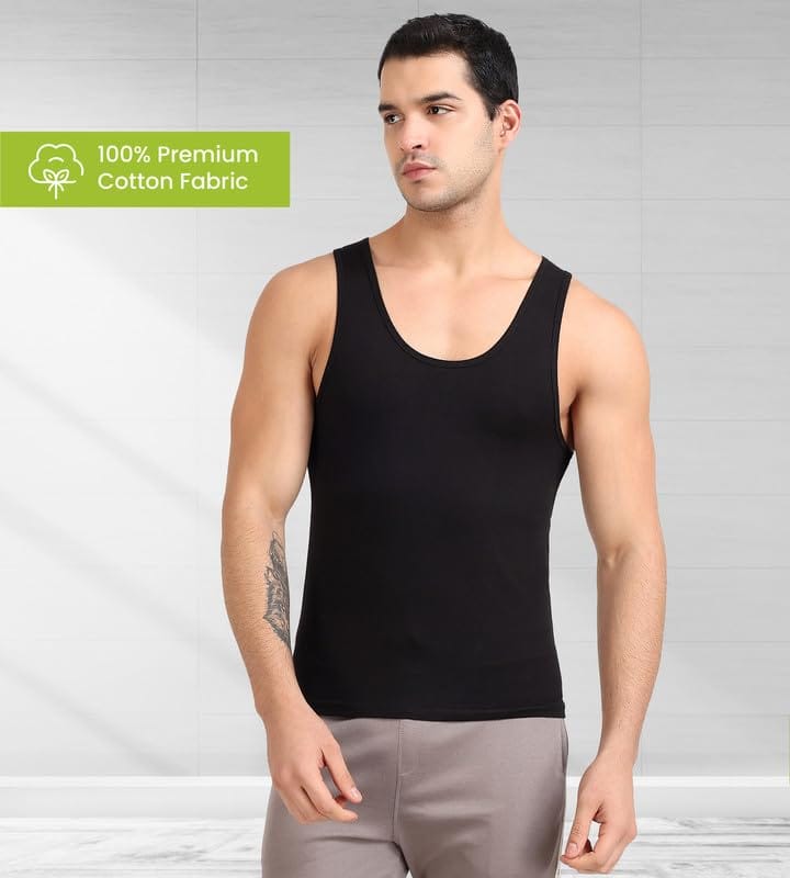 Freecultr Cotton Vest for Men Sleeveless Lightweight Solid Round Neck Comfort Vests Breathable & Comfortable Innerwear Sando for Man Regular Fit Pack of 2-Black,Light Grey