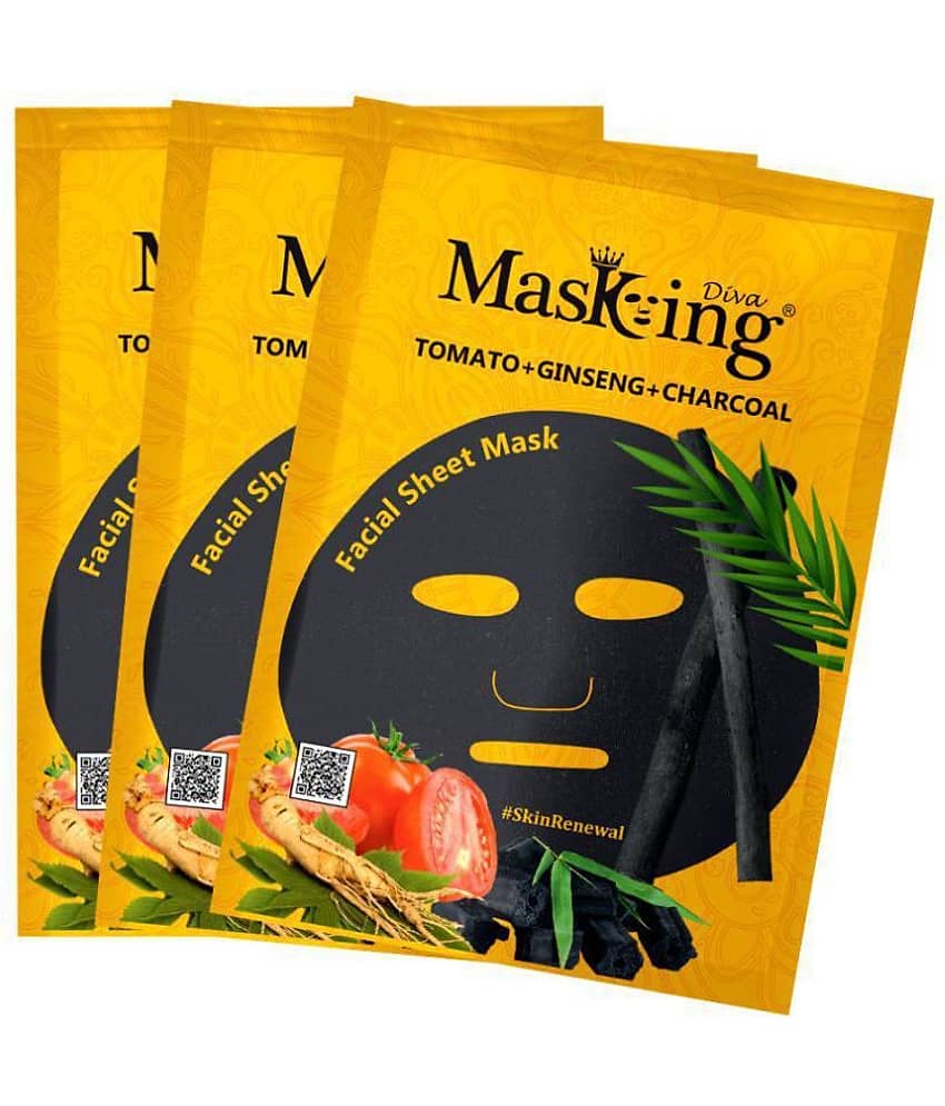 Masking Diva Tomato, Ginseng and Charcoal Face Sheet Mask 75 ml Pack of 3