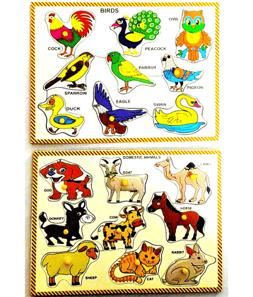 WOODEN MULTI COLOR 16 SET OF BIRDS AND DOMESTIC ANIMALS PUZZLE BOARD COMBO FOR KIDS PRE PRIMARY EDUCATION