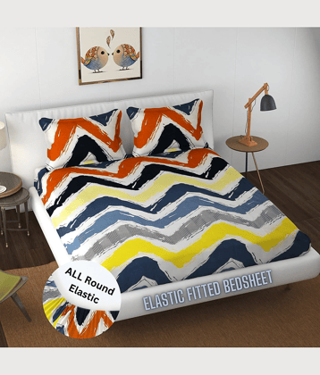 Apala Microfibre Abstract Printed Fitted Double Bedsheet With 2 Pillow Covers- Multi