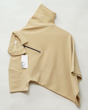 Cream | Pique Textured | Polo Zipper T-Shirt-M