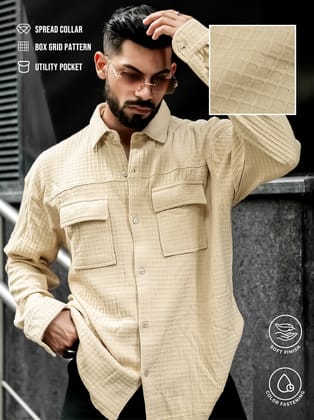 Box Grid Beige Full Sleeve Shirt-S / Beige