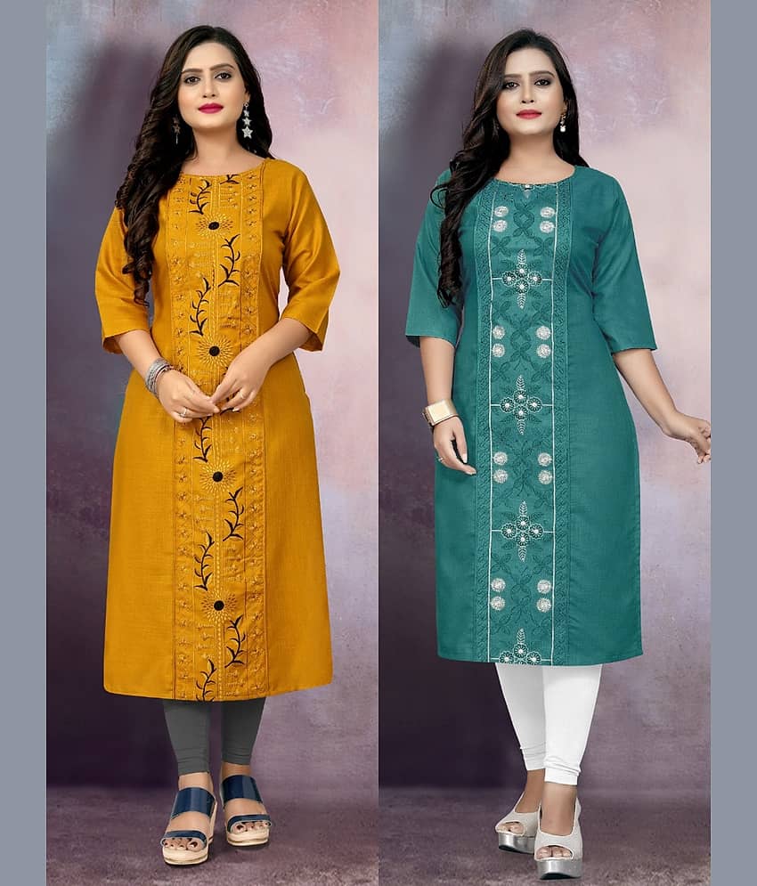 RIAANA Women Cotton Blend Embroidered Straight Kurti ( Multicolor )