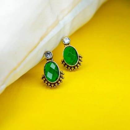 Oxidised Silver Earrings with Green Oval CZ Stone For Girls & Women