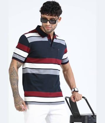 Cool Colors Men Cotton Blend Slim Fit Striped Polo T Shirt ( Navy )